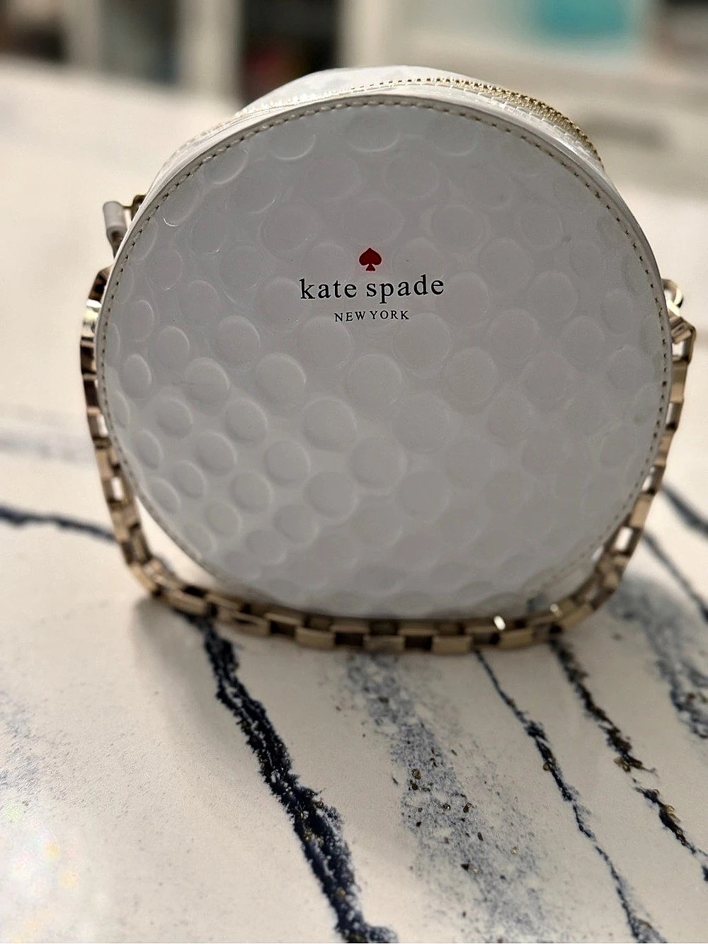 Kate Spade On Par Golf Ball Dotty Crossbody White Patent Gold Chain (Rare)